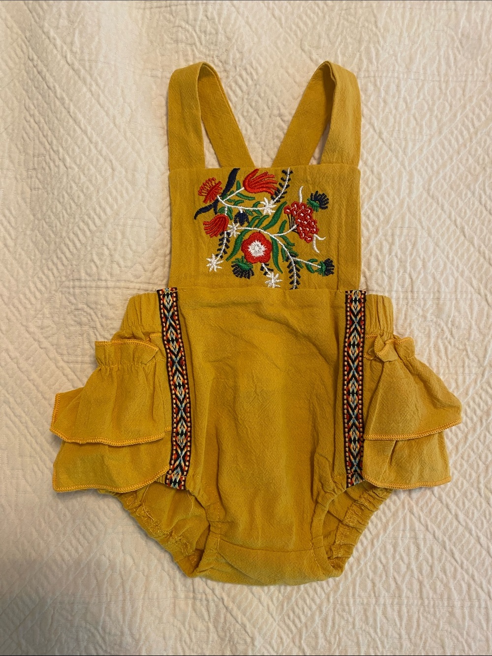 Embroidered Ruffle Kids Romper in mustard yellow